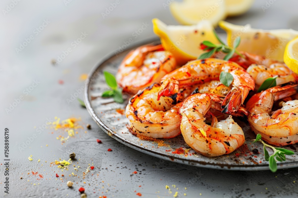 Grilled shrimp garnished with lemon and herbs on a rustic plate, with vibrant spices scattered on a gray background Grilled shrimp garnished with lemon and herbs on a rustic plate, with vibrant spices scattered on a gray background