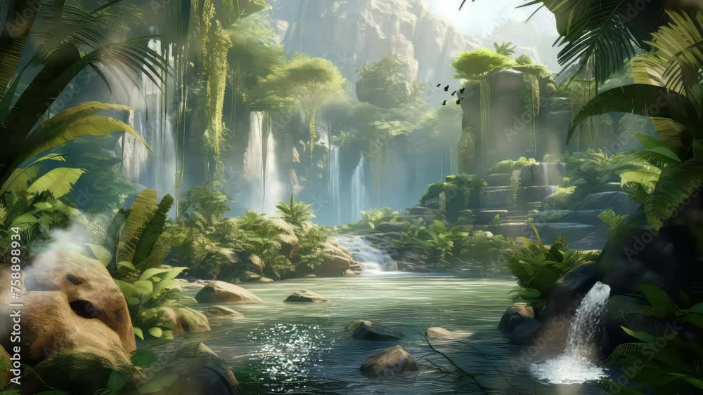 Animation natural waterfalls and rivers in the green forests seamless 4k video background. generated with ai