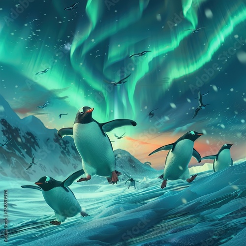 Aurora Glide  Penguins Soaring Under the Polar Lights