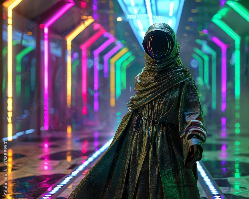 Obraz premium Alien artist, shimmering robe, creative genius, unveiling extraterrestrial art in a futuristic metropolis, under the glow of neon lights, 3D render, Spotlight, Vignette