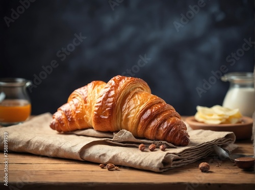 French croissant on a napkin on wooden table banner with copy space