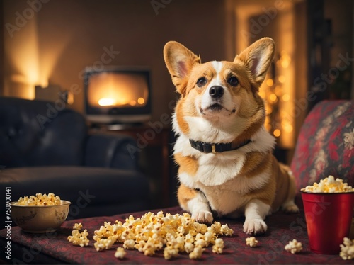 Cute dog sitting at table with computer and eating popcorn  A cute dog watches a movie on a laptop screen  creating an adorable scene