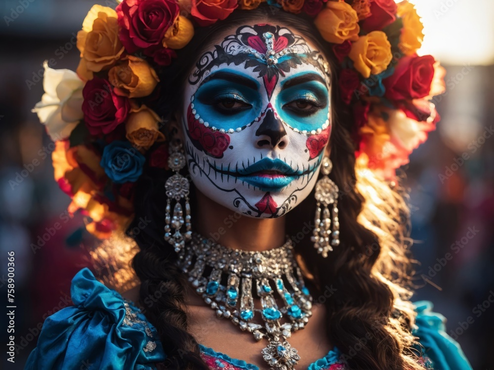 La Catrina makeup, a colorful and iconic representation of Dia de Muertos. Beautiful