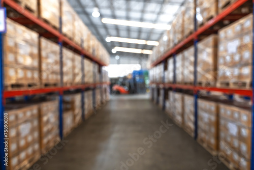 Blurred pallets on shelves in distribution warehouse background