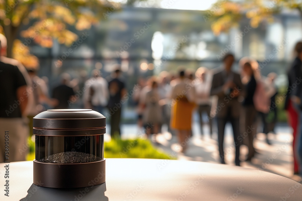 urn with ashes, in the background, family farewell ceremony to a loved one, with a crowd of people, natural daylight, copy space for text. Funeral concept. Final resting place for a departed soul. urn with ashes, in the background, family farewell ceremony to a loved one, with a crowd of people, natural daylight, copy space for text. Funeral concept. Final resting place for a departed soul.