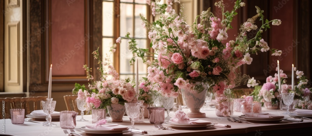 Fototapeta premium Wedding guest table adorned with floral arrangement and tableware