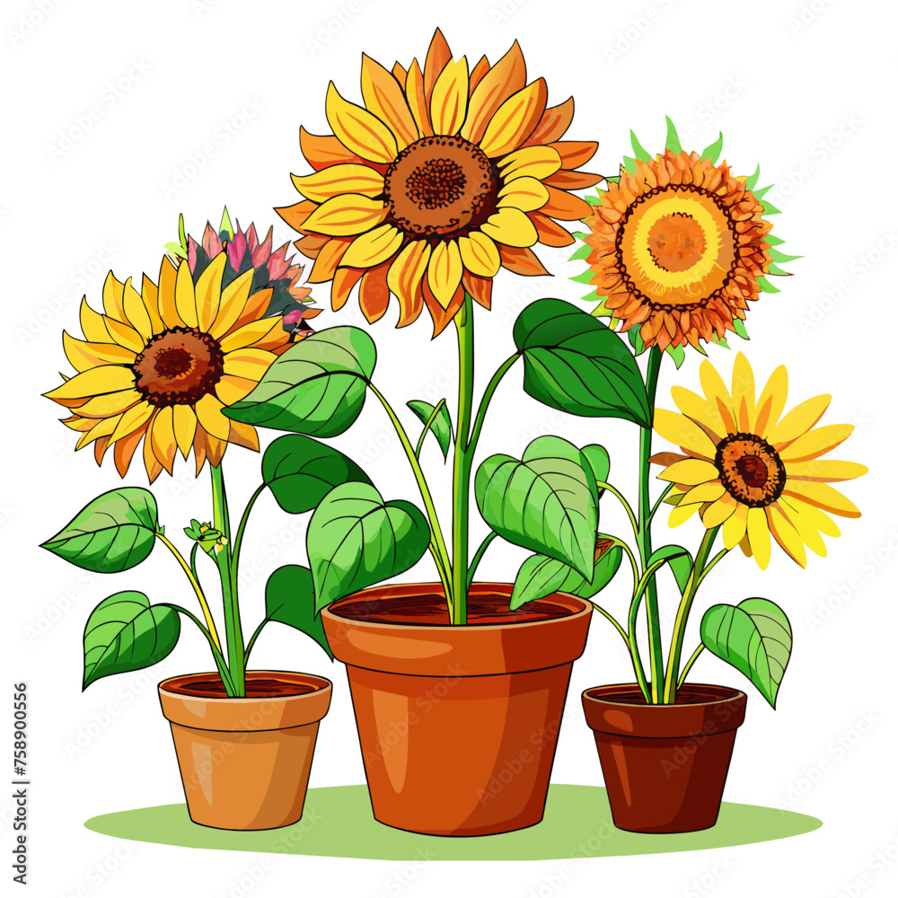Obraz premium Sunflower in pots ,Real style, white background