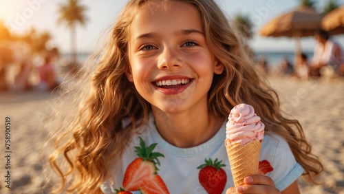 Funny happy girl eating ice cream on the beach