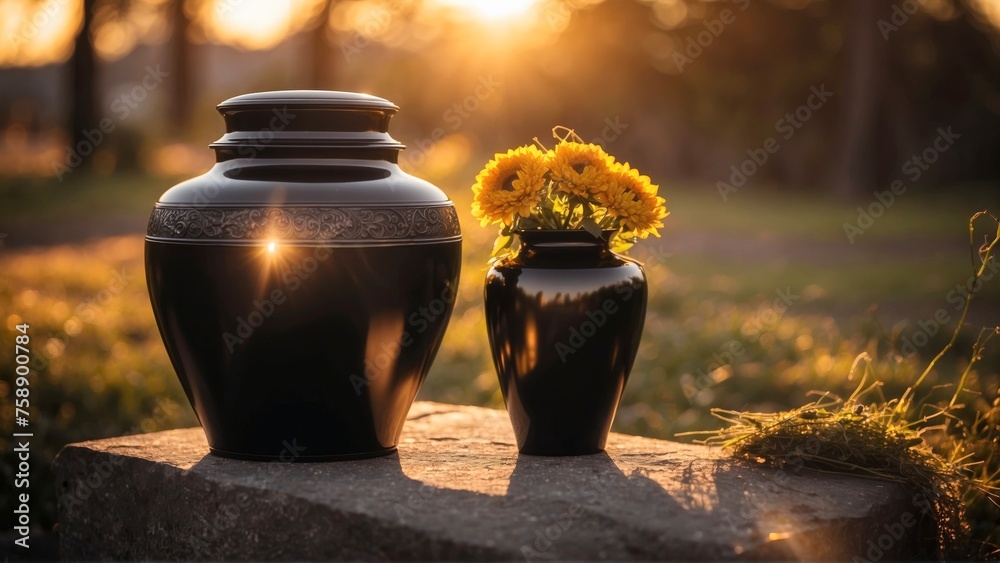 Elegant black urn containing ashes, a solemn memento of a life remembered.  - obrazy, fototapety, plakaty 