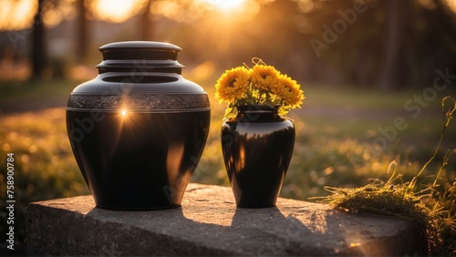 Elegant black urn containing ashes, a solemn memento of a life remembered.  photo