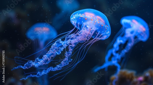 Colorful jellyfish floating in the water. Abstract wallpaper of jellyfish in the ocean