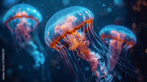 Colorful jellyfish floating in the water. Abstract wallpaper of jellyfish in the ocean © nataliia_ptashka