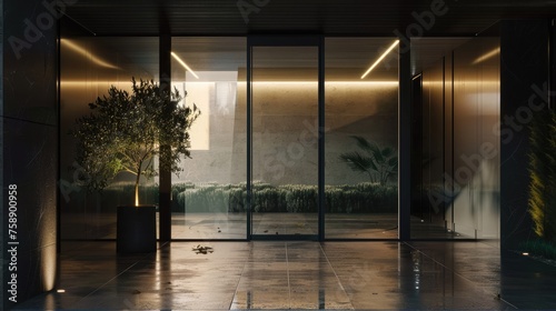 Glass front door that lets in a lot of light with side lighting and a dark wall section in a modern style