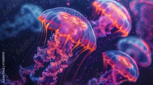 Colorful jellyfish floating in the water. Abstract wallpaper of jellyfish in the ocean © nataliia_ptashka