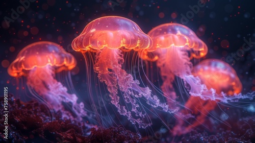 Colorful jellyfish floating in the water. Abstract wallpaper of jellyfish in the ocean © nataliia_ptashka