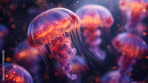 Colorful jellyfish floating in the water. Abstract wallpaper of jellyfish in the ocean