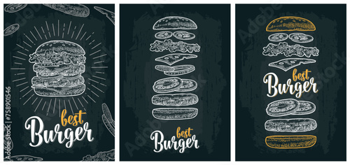 Cheeseburger with flying ingredients include bun, tomato, salad, cheese, onion, cucumber. Vector white vintage engraving illustration isolated on dark. Best burger lettering.