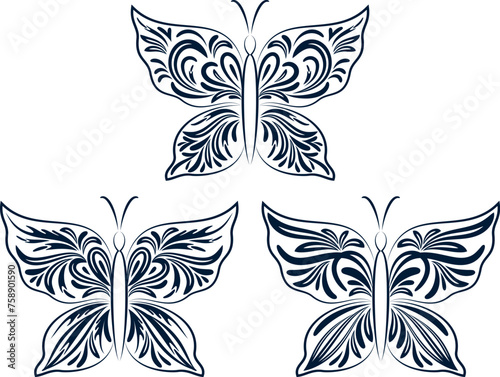 Set Butterflies Black Contours with a Floral Pattern on White Background. Vector