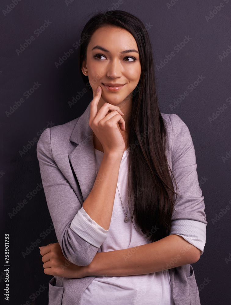 Thinking, smile and woman with vision in studio, brainstorming or remember memory isolated on a grey background. Dream, happy person and inspiration for decision making, idea and planning future Thinking, smile and woman with vision in studio, brainstorming or remember memory isolated on a grey background. Dream, happy person and inspiration for decision making, idea and planning future