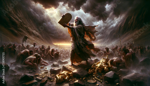 Moses' Righteous Anger When He Descends Mount Sinai: Breaking the Sacred Tablets of the Ten Commandments at Israelite Camp in Response to Their idolatry photo