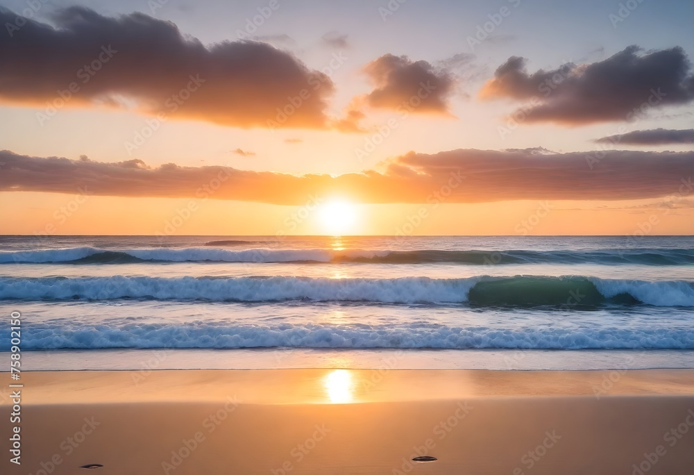Sunrise over the ocean with waves crashing onto the beach