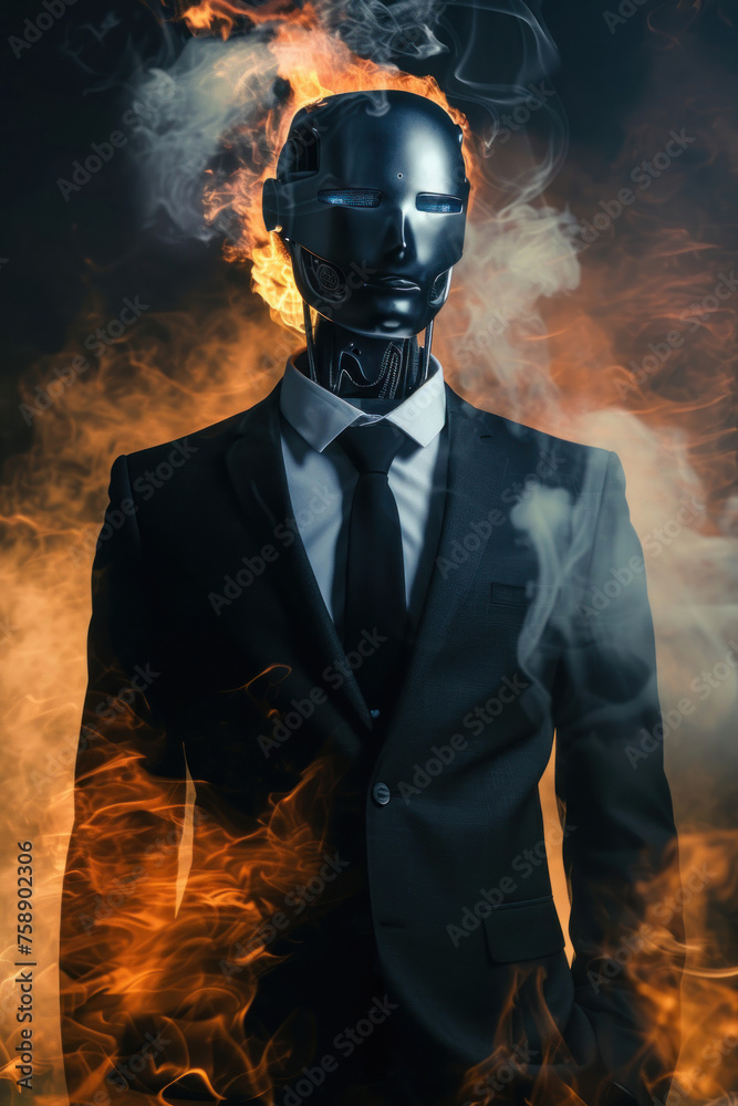 A fully integrated business suit robot stands in a cloud of smoke, signaling technological mystery A fully integrated business suit robot stands in a cloud of smoke, signaling technological mystery
