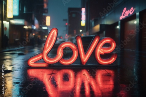 Slogan love neon light sign text effect on a rainy night street, horizontal composition