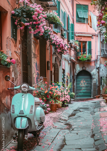 Retro-style Italian legendary scooter in rests on narrow old town center street covered flowers petals, awaiting its owner. An immortal classic, image embodies fashion, travel, and transport concepts. photo