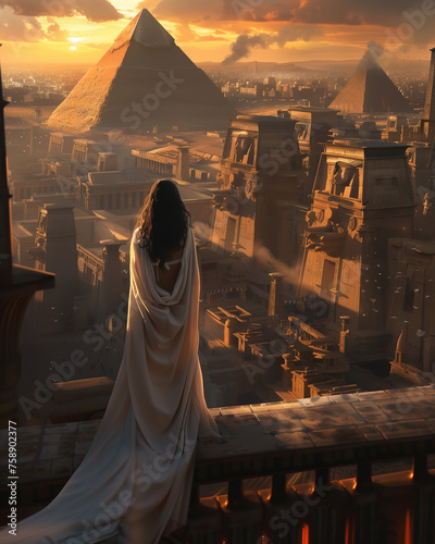 A serene white priestess stands overlooking an ancient Egyptian cityscape at sunset. The majestic pyramids anchor the horizon