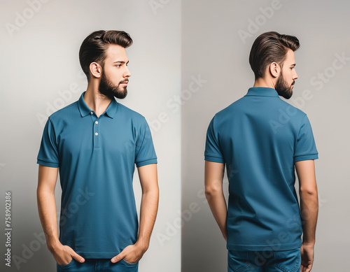 Front and back views of a man wearing a blue polo shirt mockup template