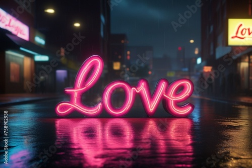 Slogan love neon light sign text effect on a rainy night street, horizontal composition