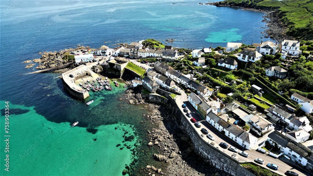 An aerial view of Coverack from above, taken with a drone