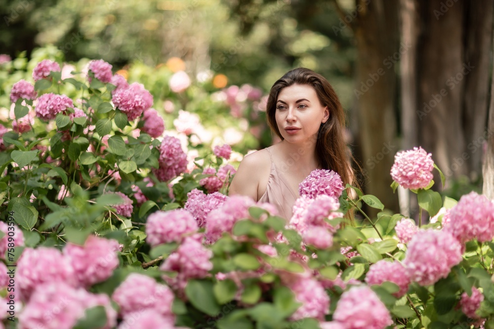Hydrangeas Happy woman in pink dress amid hydrangeas. Large pink hydrangea caps surround woman. Sunny outdoor setting. Showcasing happy woman amid hydrangea bloom. Hydrangeas Happy woman in pink dress amid hydrangeas. Large pink hydrangea caps surround woman. Sunny outdoor setting. Showcasing happy woman amid hydrangea bloom.