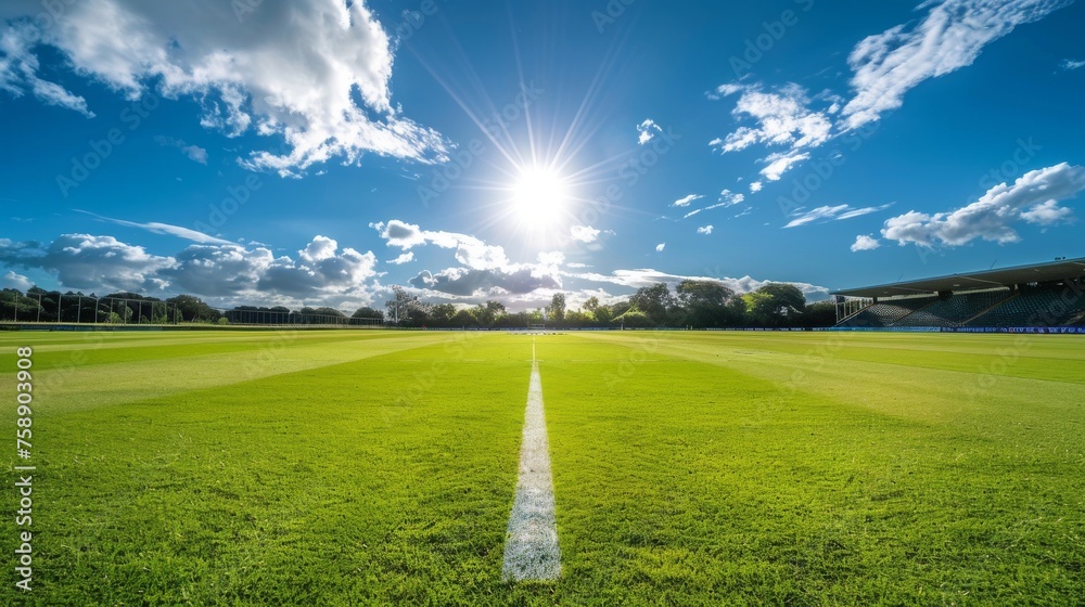 Empty cricket pitch with green surface and detailed pitch markings under a bright, sunny sky. Empty cricket pitch with green surface and detailed pitch markings under a bright, sunny sky.