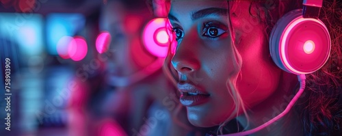 Futuristic Call Center Agents Wearing High-Tech Headsets in an Office Adorned with Futuristic Computers and Pink Neon Lights