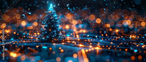 In the style of new technology, this template is of a Christmas tree in the 2023 year on a printed circuit board with some snow falling. Electronic pulses and signals are used to create the