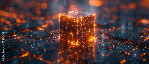 3D rendering of computer technology concept banner with a cube or block as matrix of digital data. Cloud computing, networking, and shared access. 3D rendering of abstract data communication with the