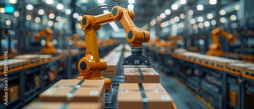 Work on smart warehouse. Robot arm places boxes on pallets. Automation logistics on smart stock storage. Industry robot with AI on factory floor. Technologies business concept.