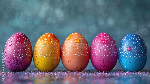 Easter background. Beautiful composition of colorful eggs and spring flowers on a delicate background. Spring holidays concept with copy space.