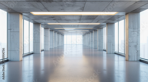 An empty, bright white hallway lined with glass partitions reflects a modern and clean corporate © alex