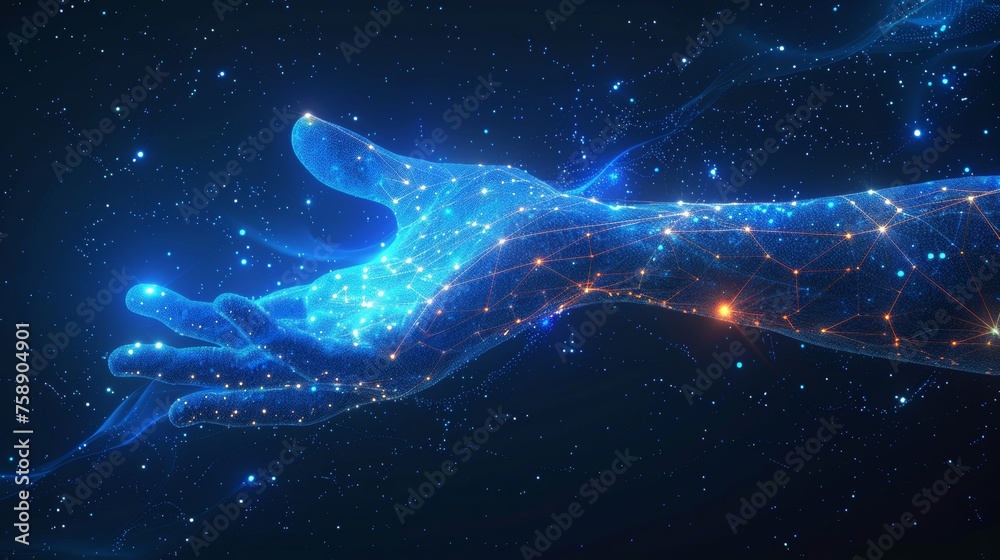 An arm and hand robot with touch technology. Low polygonal abstract illustration of a starry sky.  image in RGB color mode. - obrazy, fototapety, plakaty 