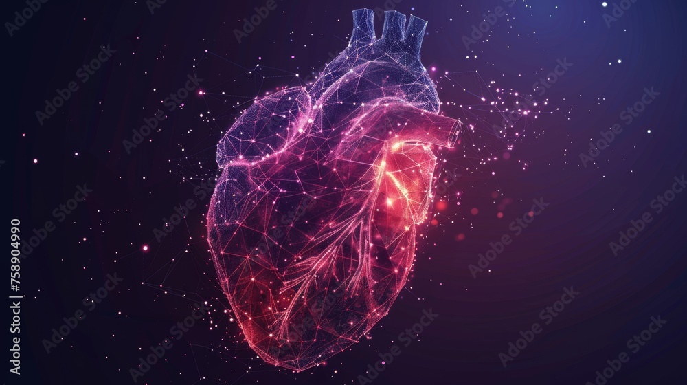  isolated heart with pain center using low poly wireframes and points. 3D white human organ on black background. Medicine concept using geometry triangles. Abstract heart pain origami design. - obrazy, fototapety, plakaty 
