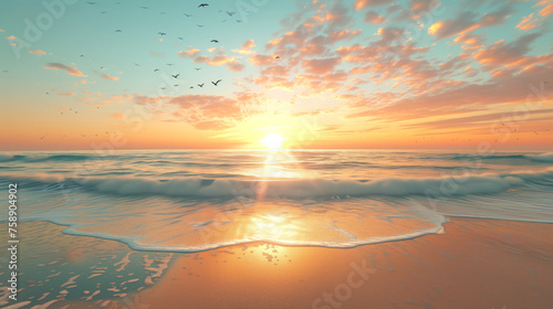 Breathtaking beach sunset with vibrant skies and seagulls