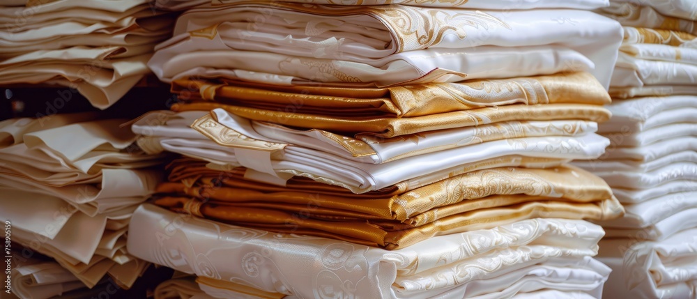 A Pinnacle of Neatly Folded White and Gold Tablecloths Stacked like a Mountain