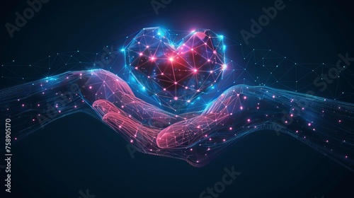 Icon mesh illustration of a 3D heart in a hand palm, human handbreadths and connected dots as a kind gesture. photo