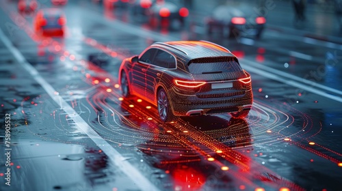Autonomous cars sensor systems for safety of driverless cars. Future adaptive cruise control that senses nearby vehicles and pedestrians. Smart transportation technology. photo