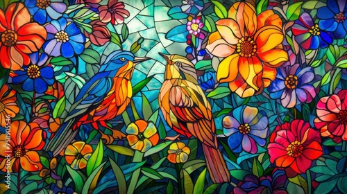 Vibrant Stained Glass. Two Birds Amidst Colorful Flowers  Radiating Vibrant Hues.