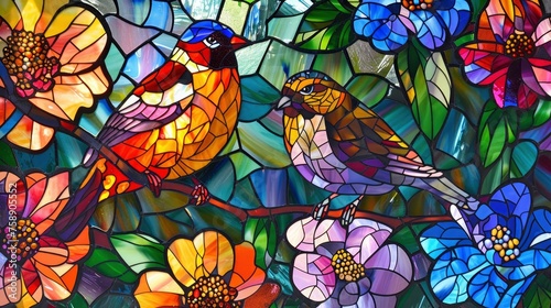 Vibrant Stained Glass. Two Birds Amidst Colorful Flowers  Radiating Vibrant Hues.