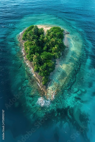 Discover Romance. Heart-shaped island nestled in the Caribbean Ocean, adorned with palm trees, a pristine beach, and a tranquil lake at its center.