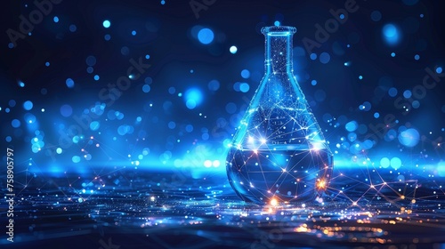 An abstract illustration of a chemistry laboratory tube on a blue background. A low polygonal modern illustration with 3D hologram effect on a low poly lab research tube.